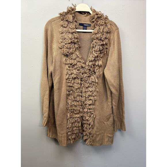Denim 24/7 Brown Long Sleeve Open Front Cardigan Sweater Womens Medium Fringe‎ - Picture 1 of 8